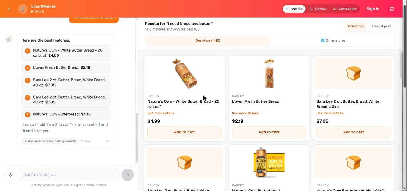 SmartMarket answering a grocery request with ranked product results
